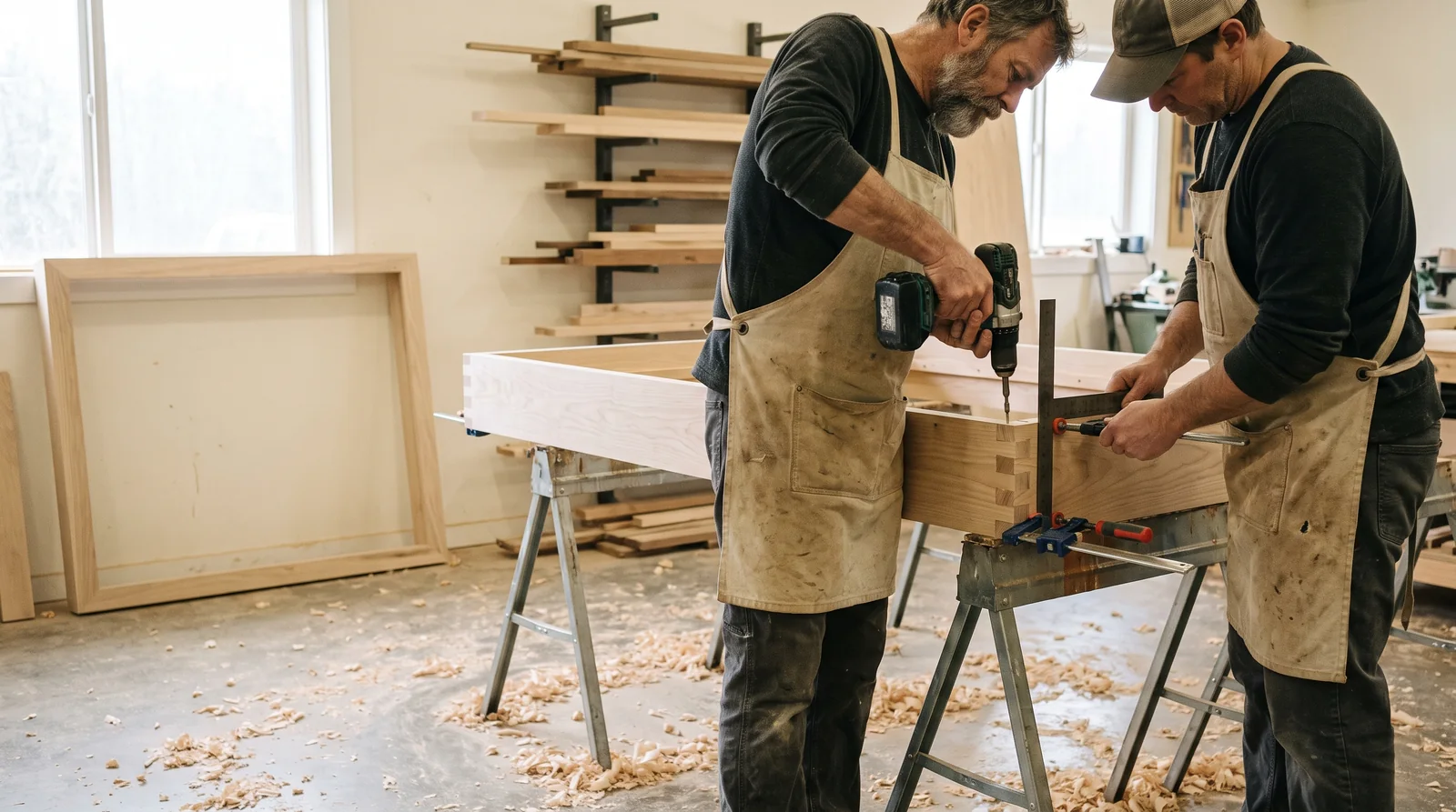 Two joiners squaring and screwing a hardwood booth frame on sawhorses in the frame shop