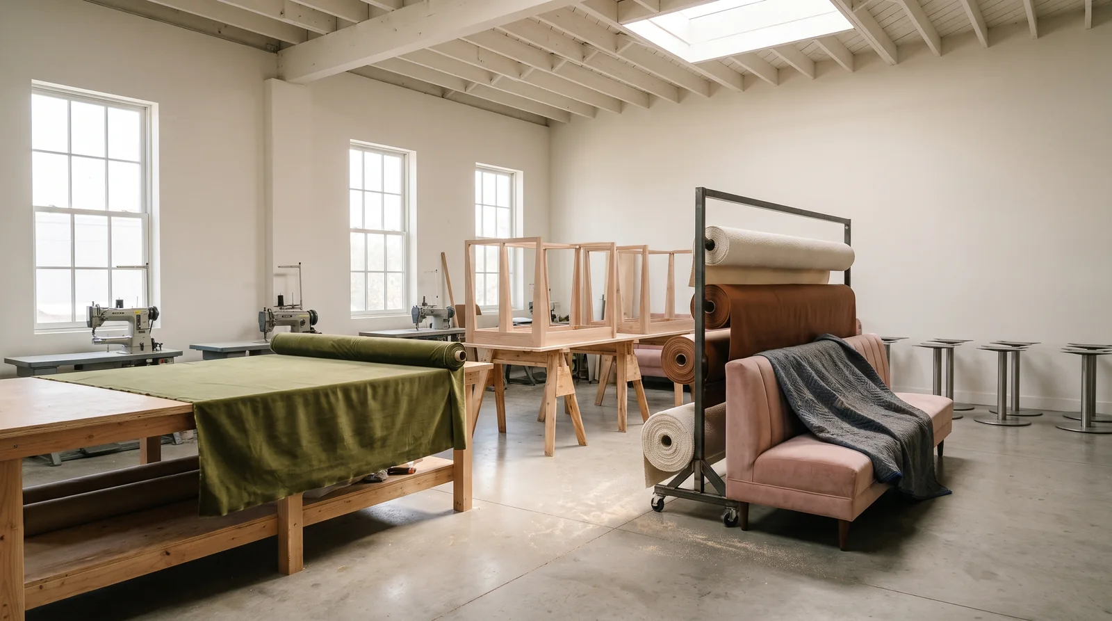 A bright upholstery workshop with a cutting table, sewing machines and booth frames on sawhorses