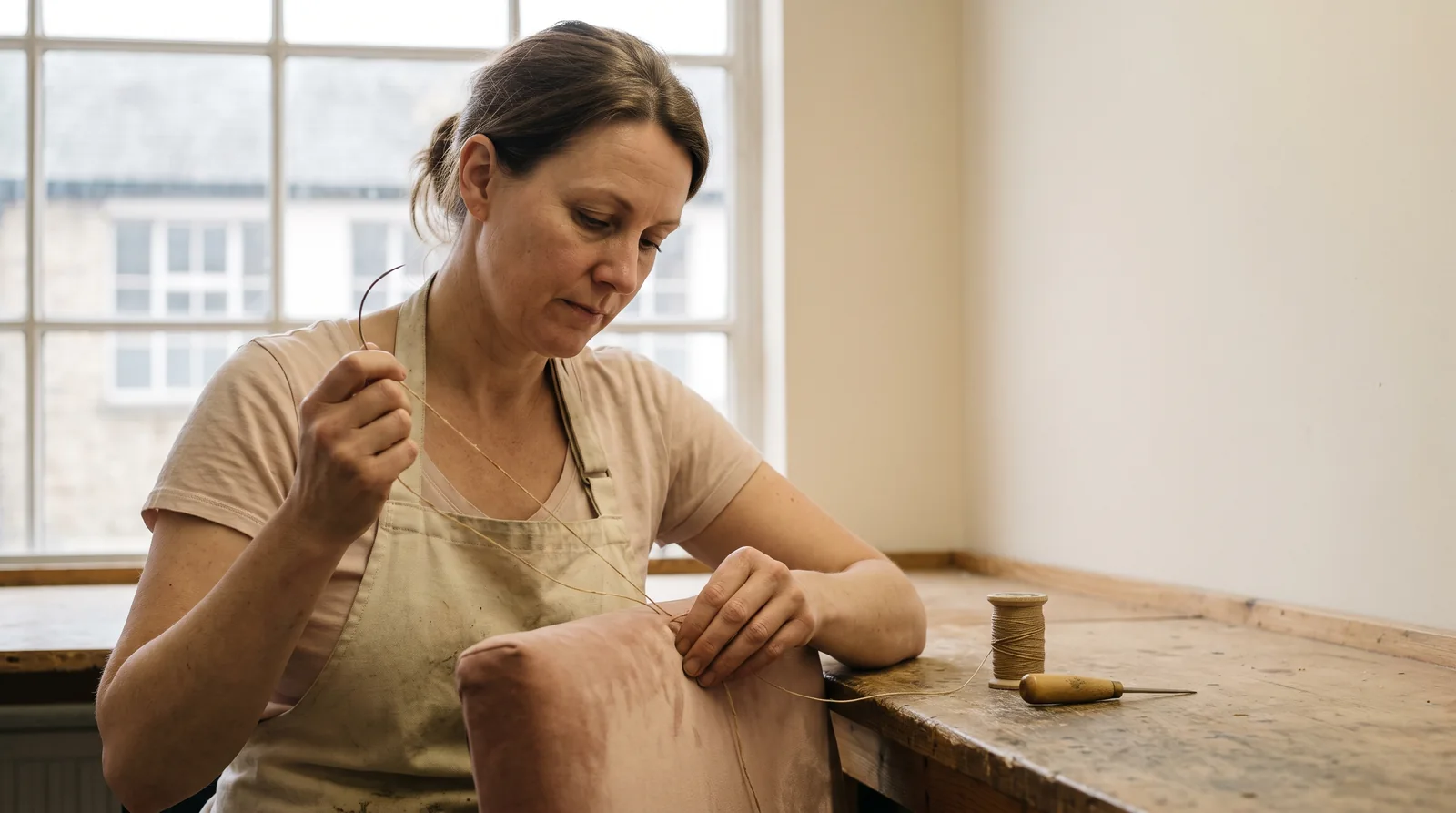 An upholsterer hand-stitching the welted edge of a blush velvet cushion at the bench