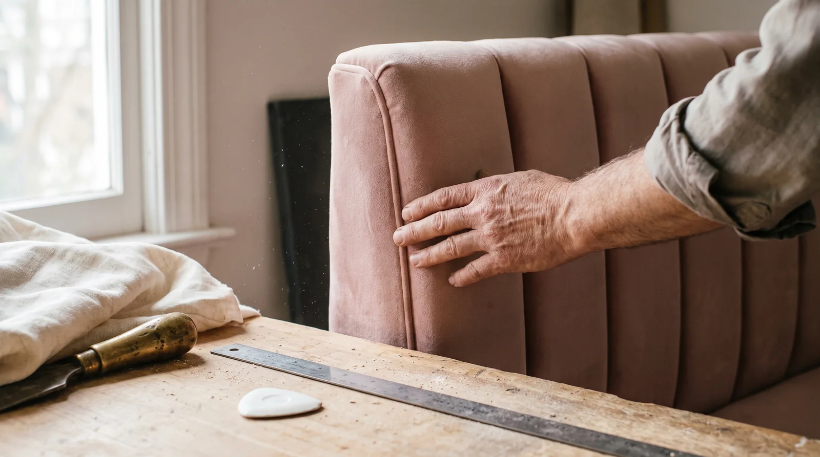Hands smoothing a vertical channel seam on a blush velvet banquette back