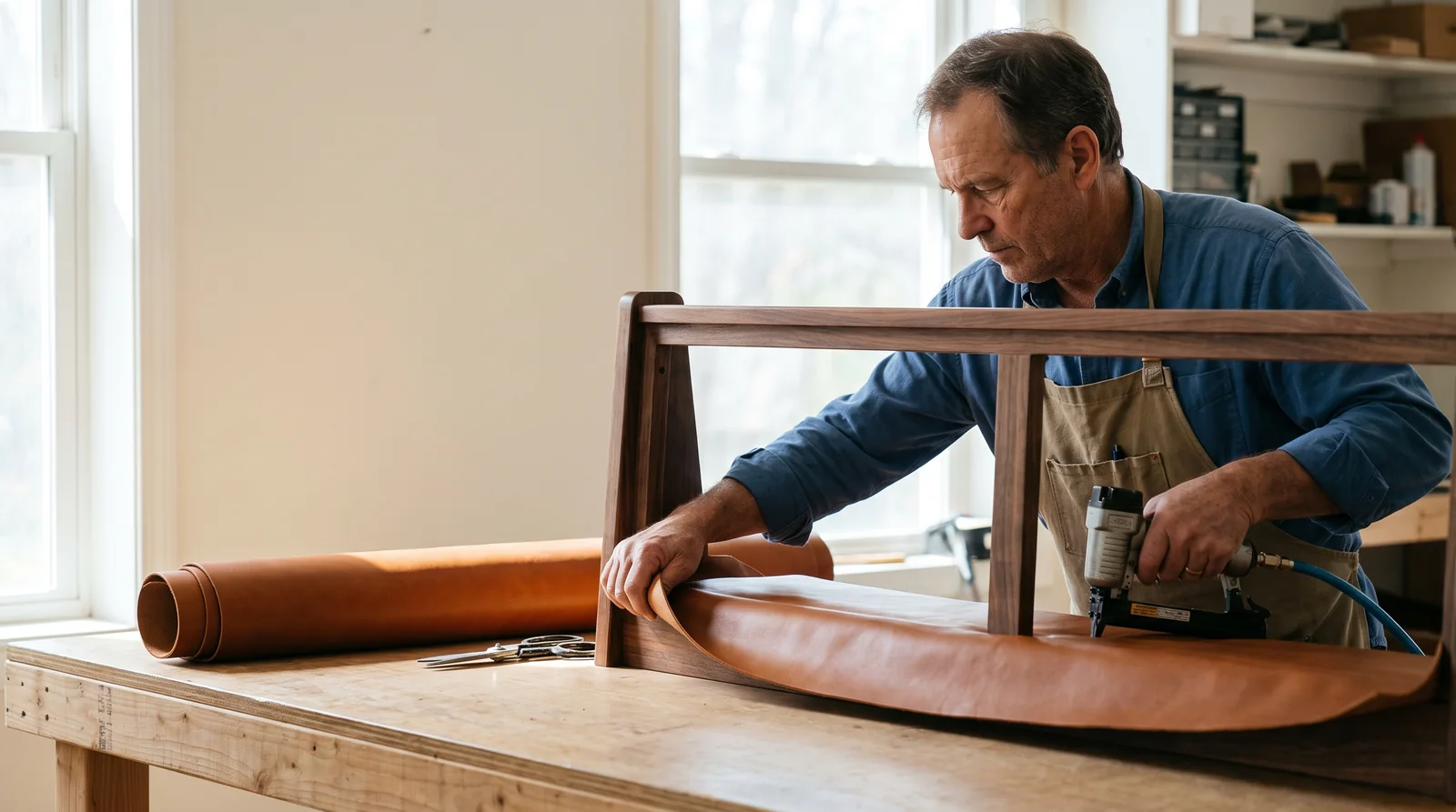 An upholsterer pulling cognac leather taut over a booth seat frame and stapling it in place
