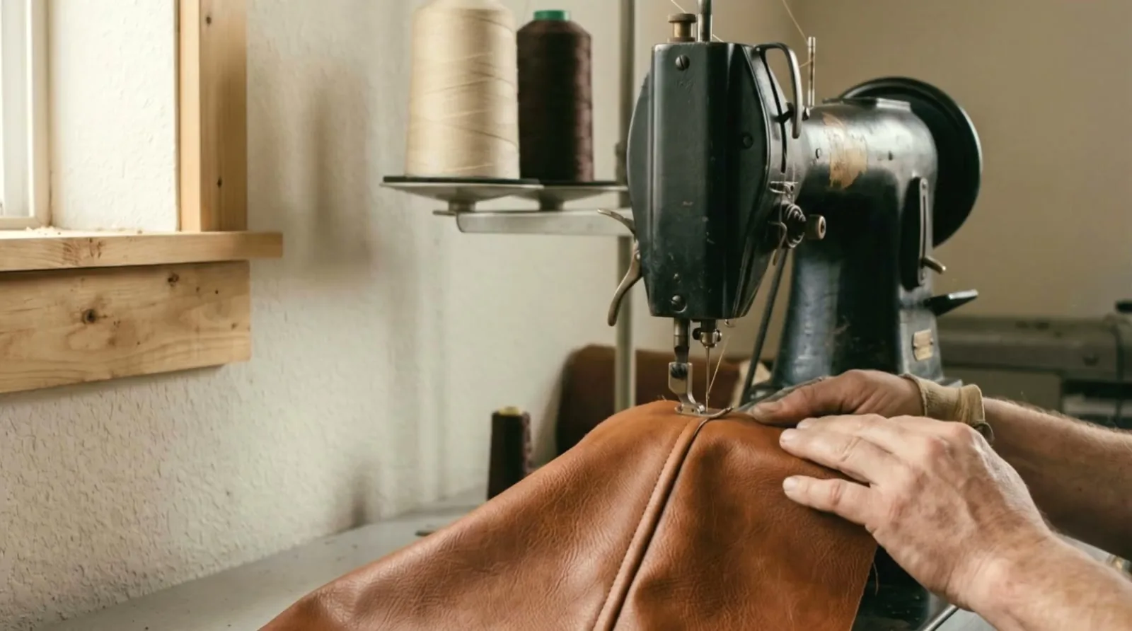 A walking-foot machine stitching a seam in cognac leather