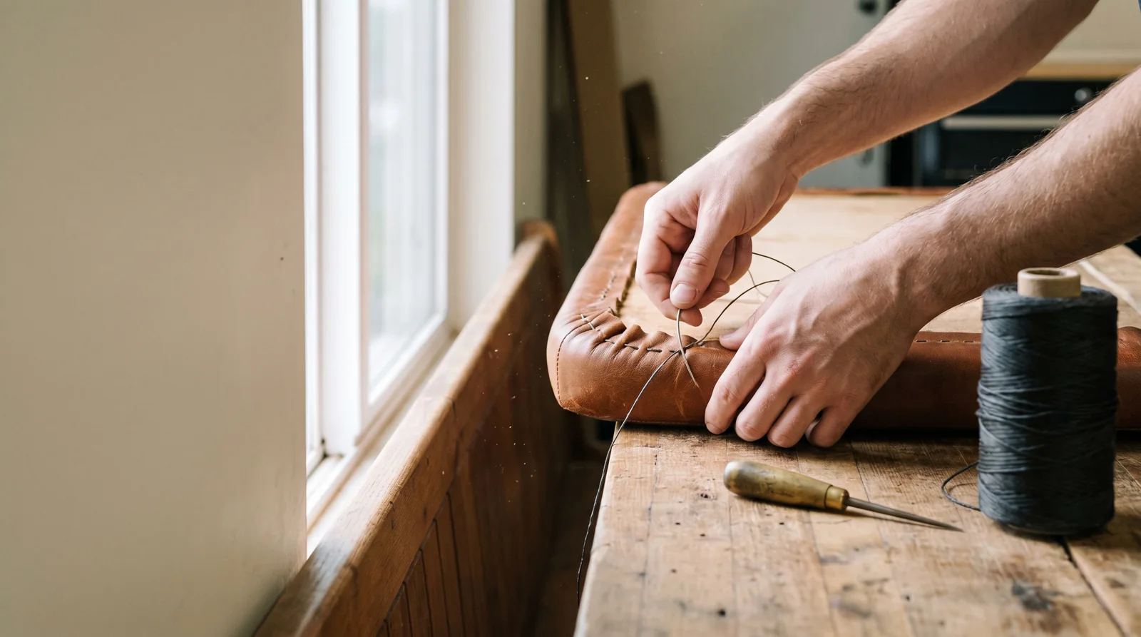 Hands pulling a curved needle through the welt of a cognac leather cushion