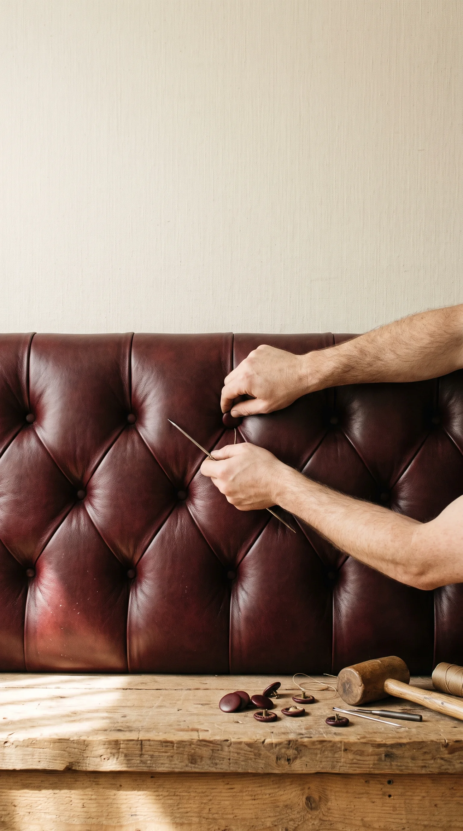 Hands drawing a tufting needle through an oxblood leather back