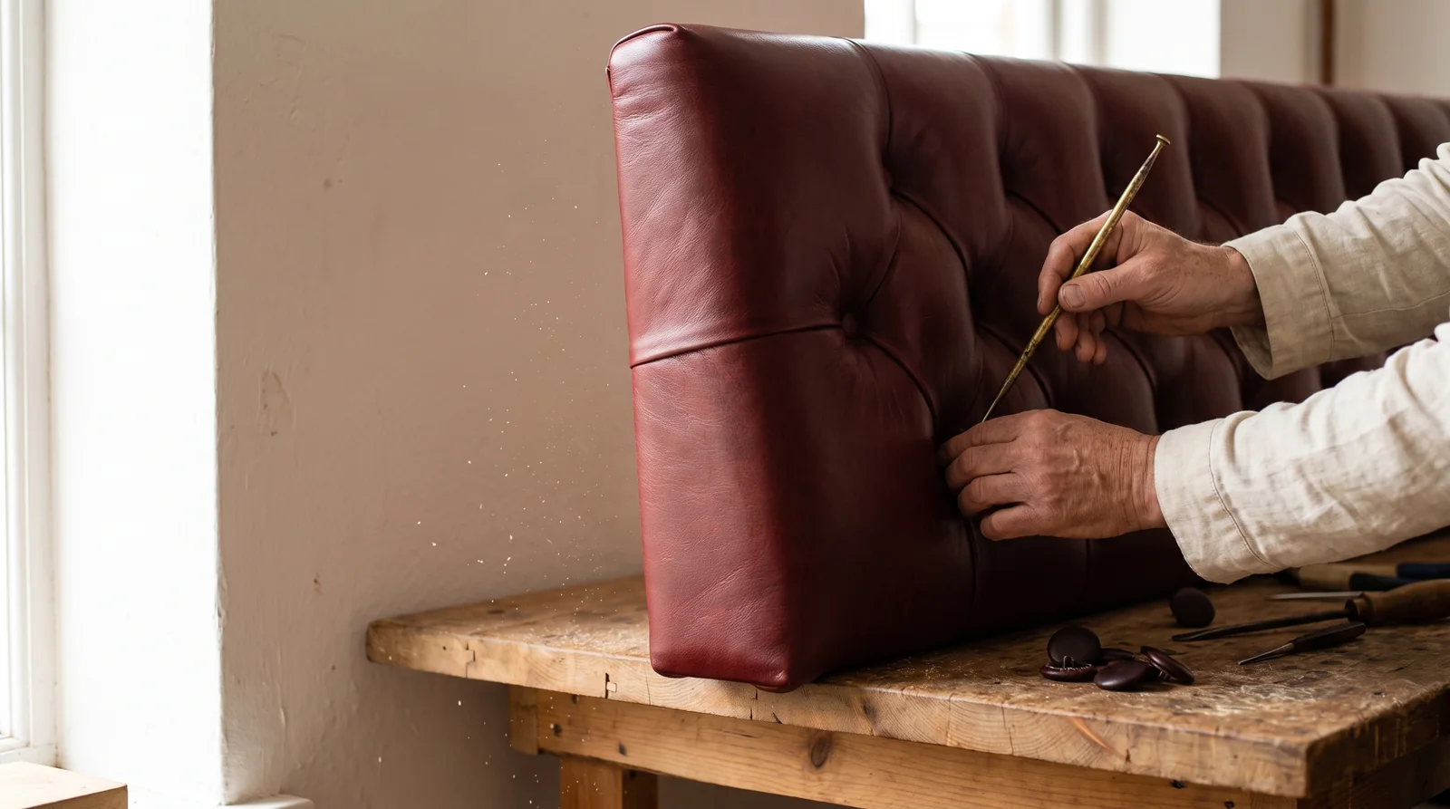 Hands pressing a covered button into a diamond-tufted oxblood leather back