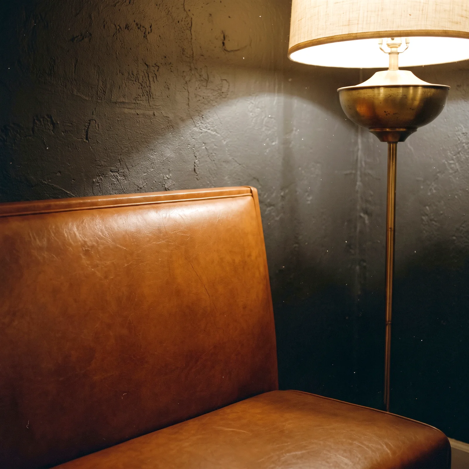 A smooth cognac leather booth back beside a brass floor lamp