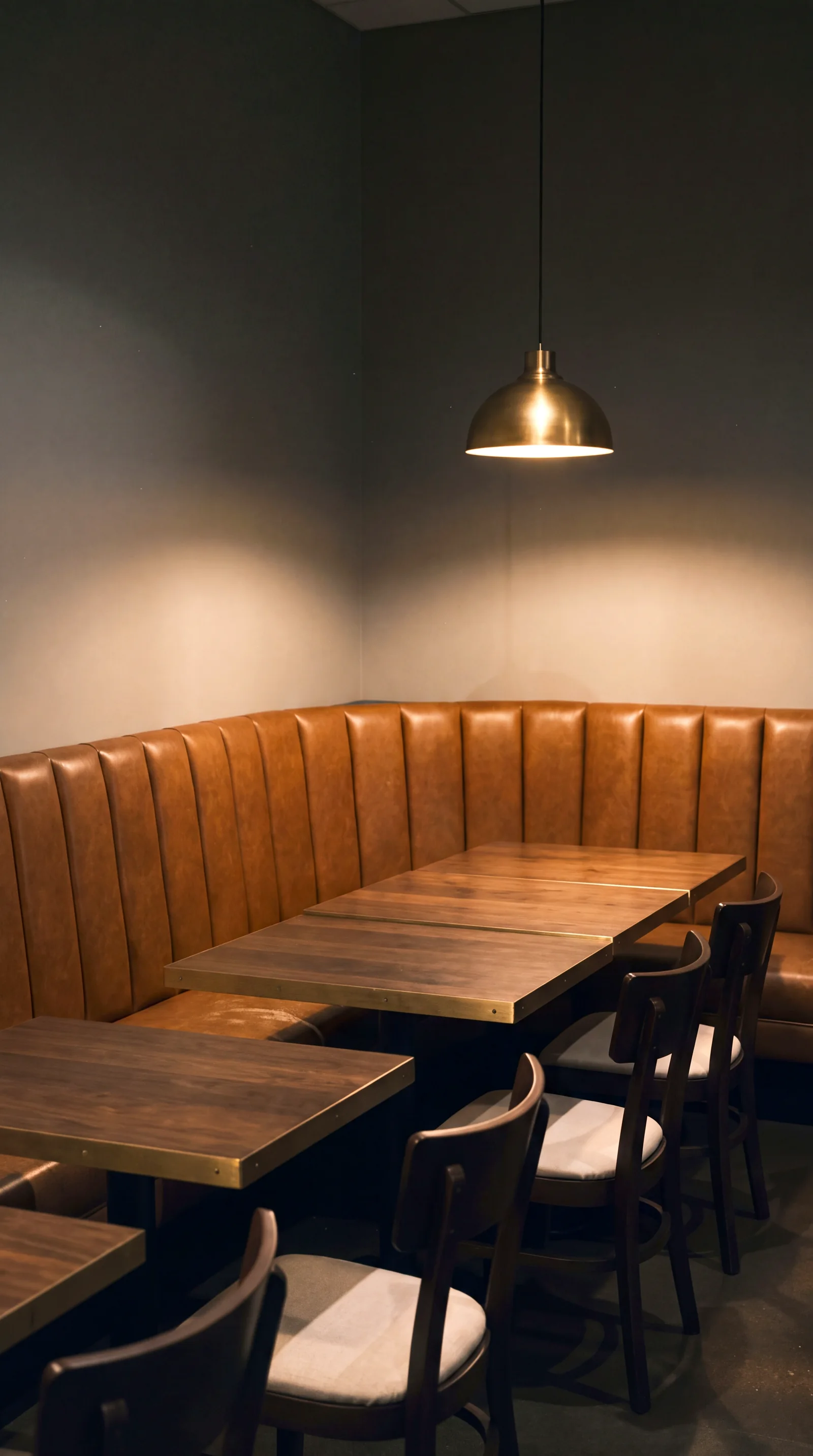 A curved channel-back banquette in cognac leather with walnut tables and bentwood chairs