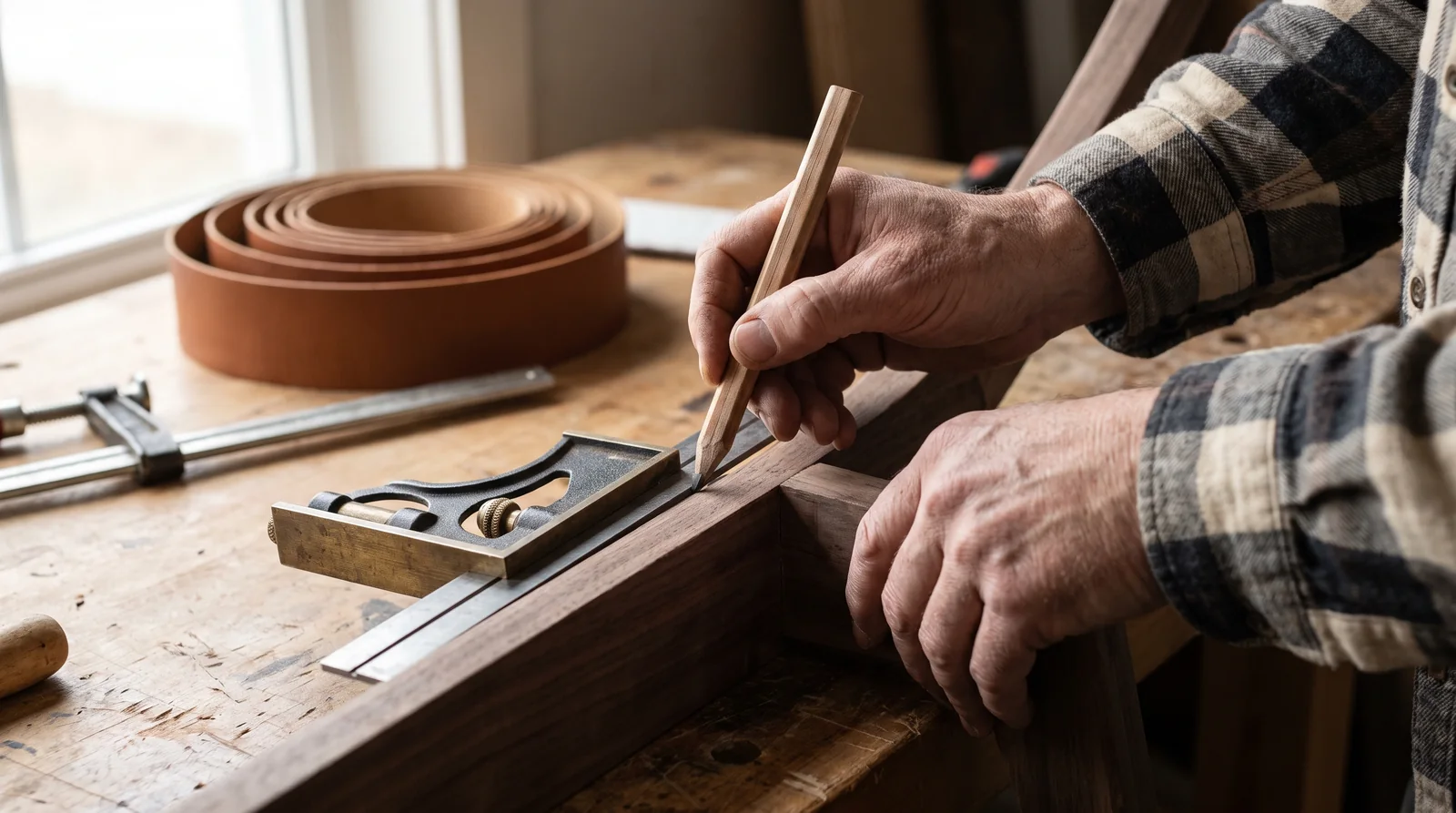Hands marking the seat height on a hardwood booth frame against a steel square