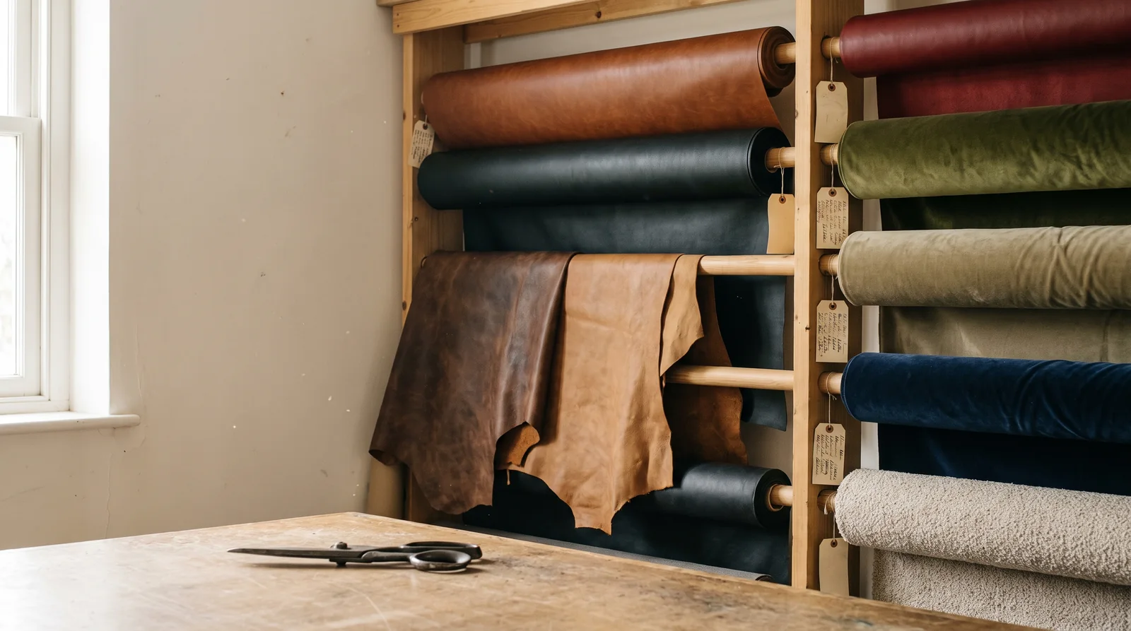 Bolts of vinyl, velvet and boucle and two leather hides on the materials rack