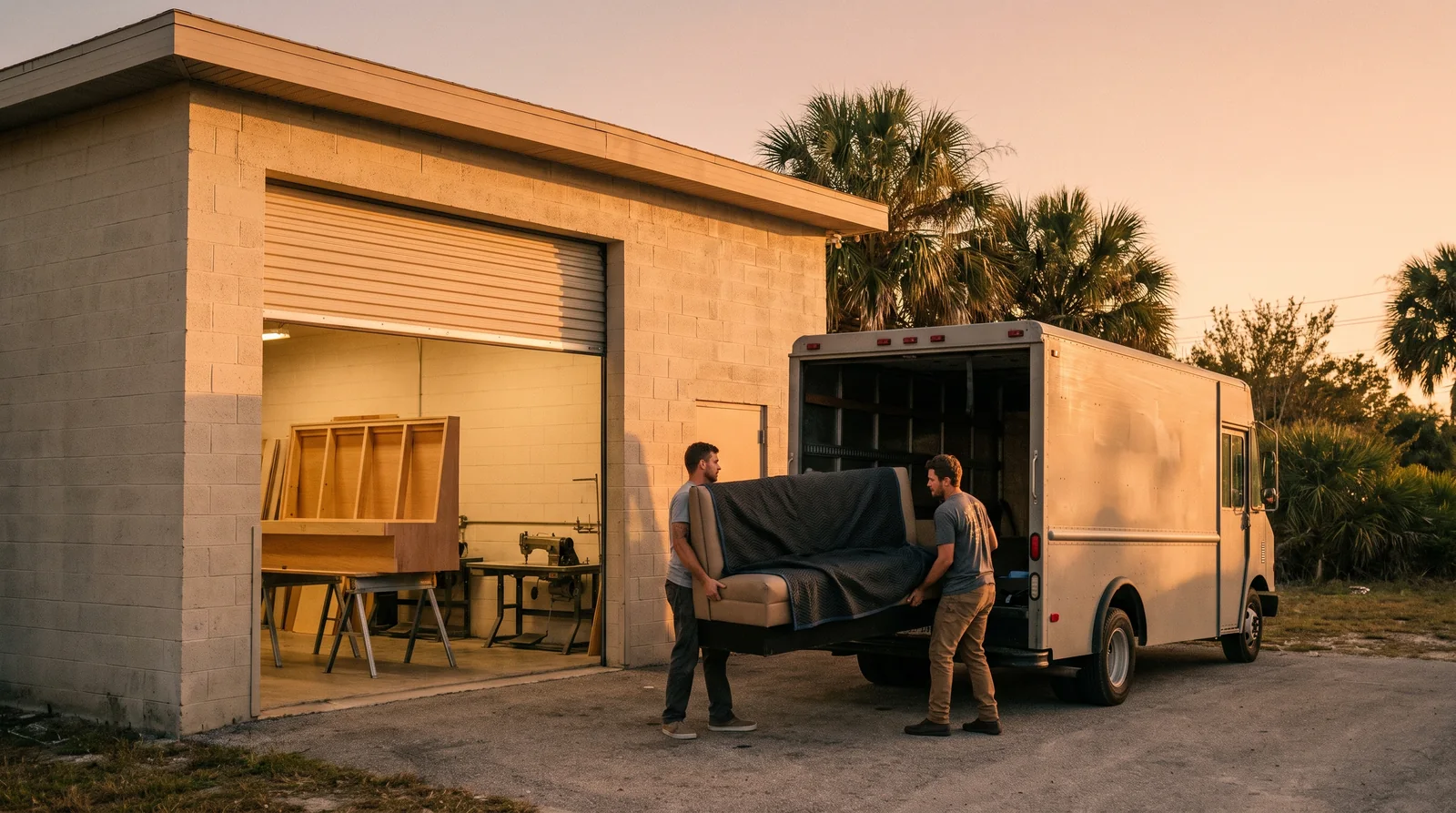 Two installers loading a blanket-wrapped banquette into the truck outside the workshop at golden hour