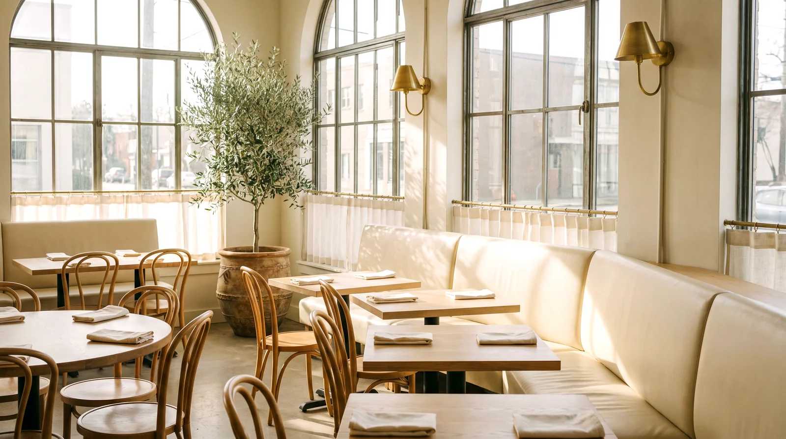 A run of cream leather booths under arched windows in a bright restaurant before service