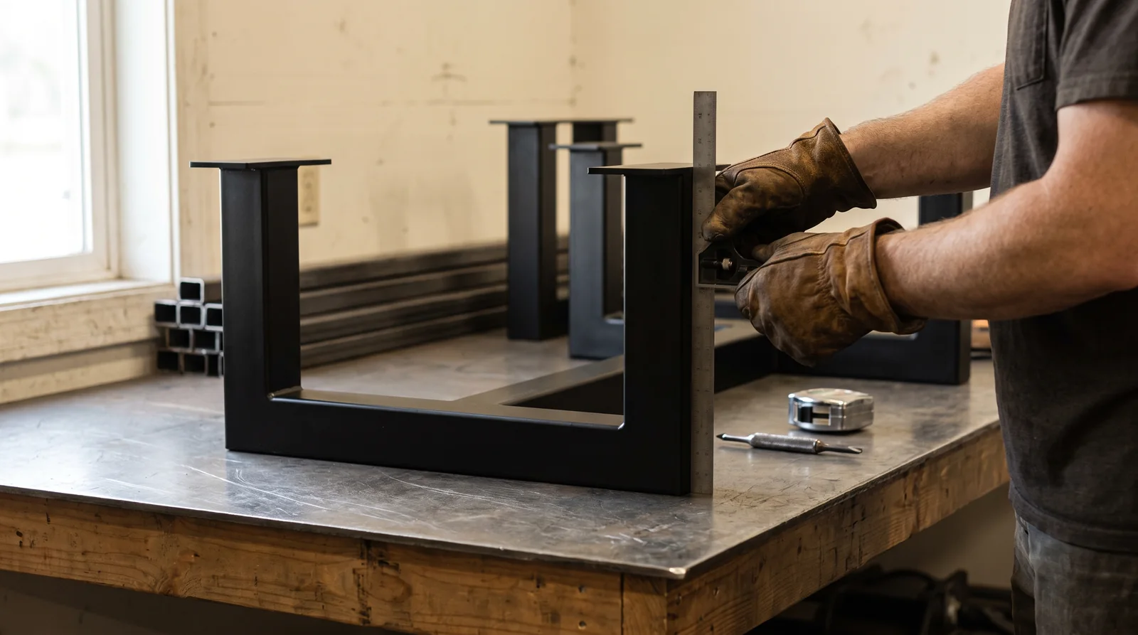 Gloved hands checking a powder-coated steel table base with a machinist square