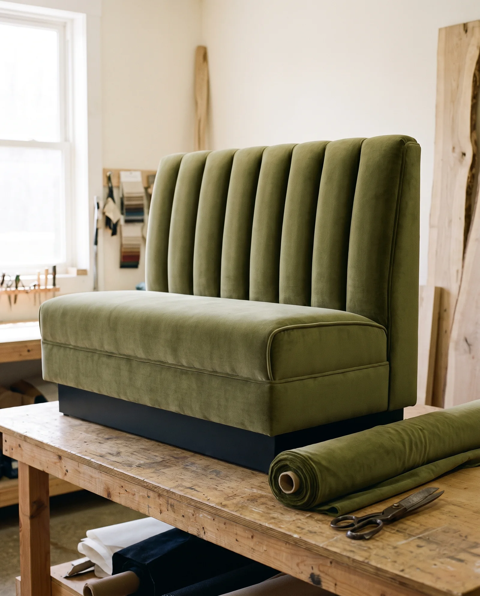A finished olive velvet channel-back booth standing on the workbench