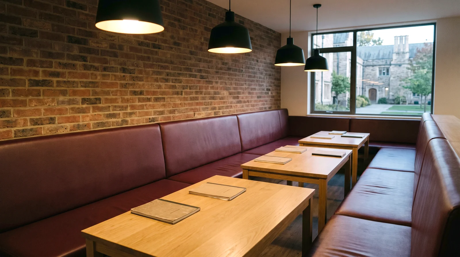 Modular oxblood vinyl benches along a brick wall in a student common room