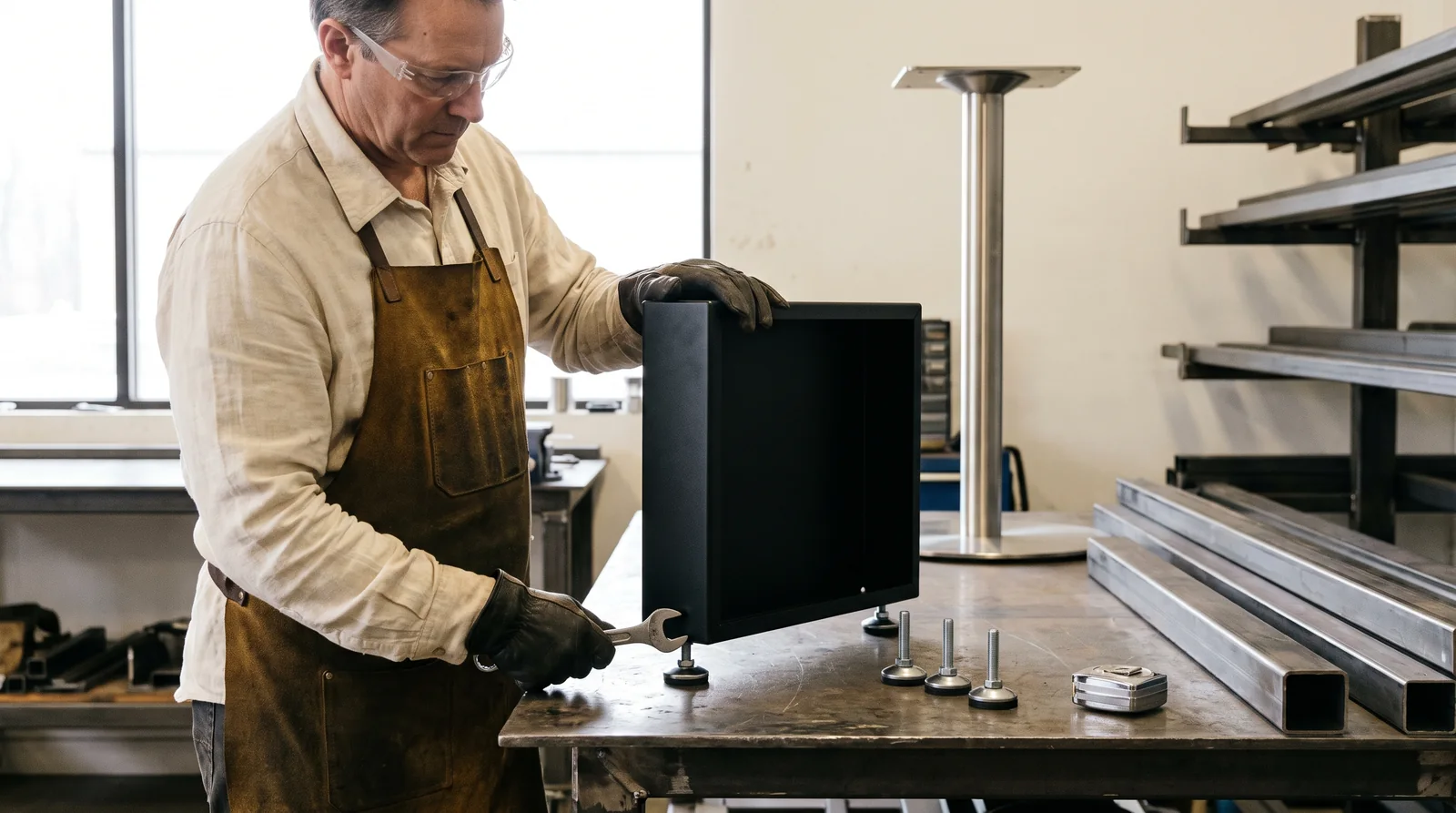 A fabricator fitting an adjustable leveler to a powder-coated steel booth plinth