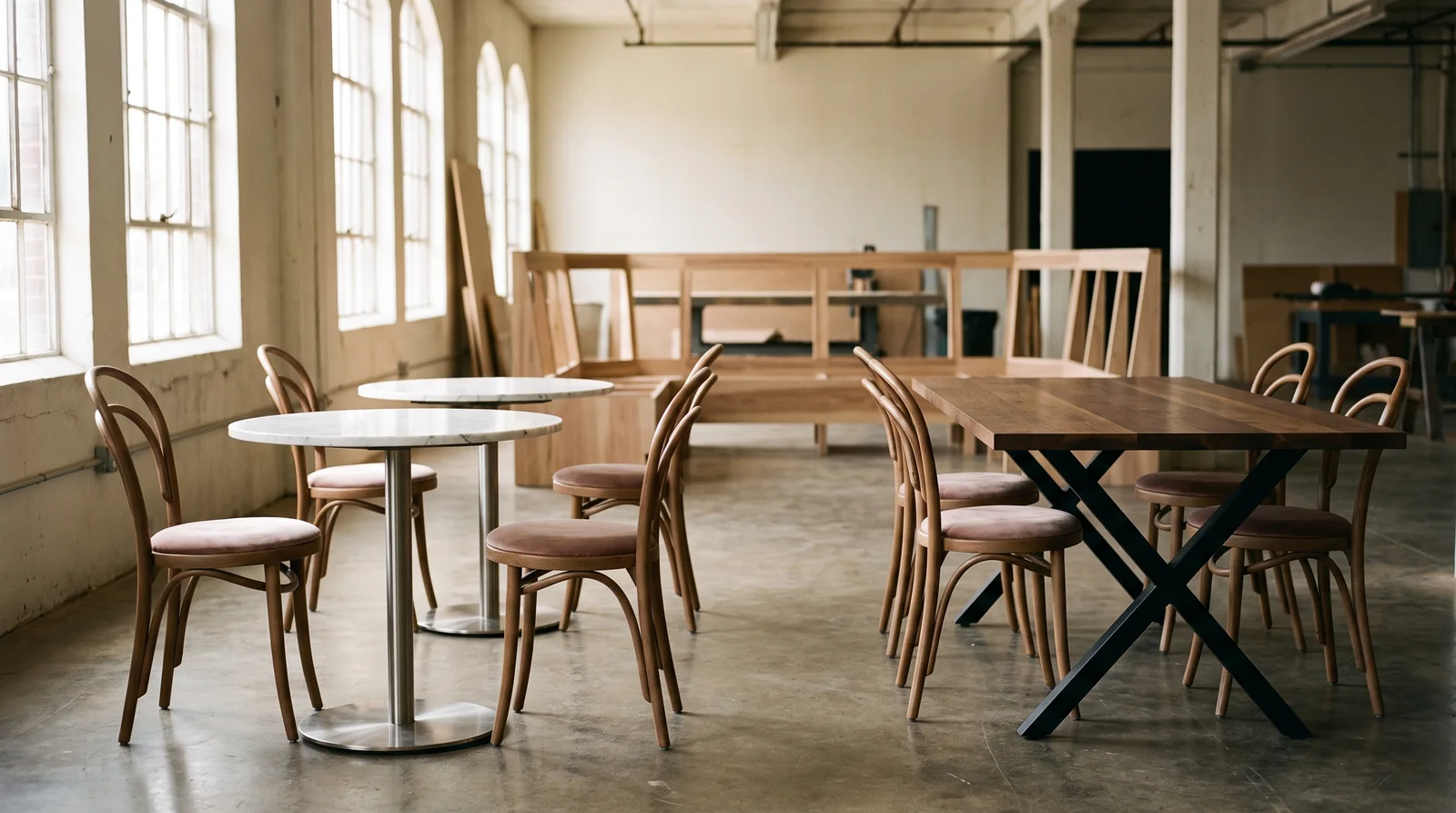Marble-topped pedestal tables and velvet-seated chairs staged before delivery