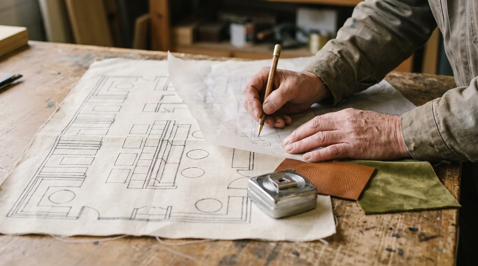 Hands marking a restaurant floor plan on tracing paper with a brass pencil, swatches beside it