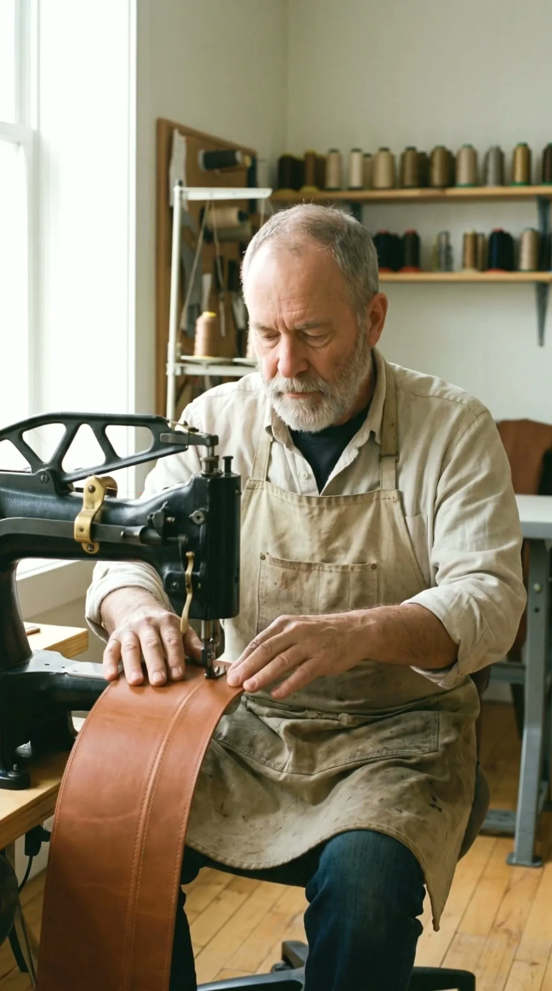 An upholsterer feeding cognac leather under the needle of a walking-foot machine