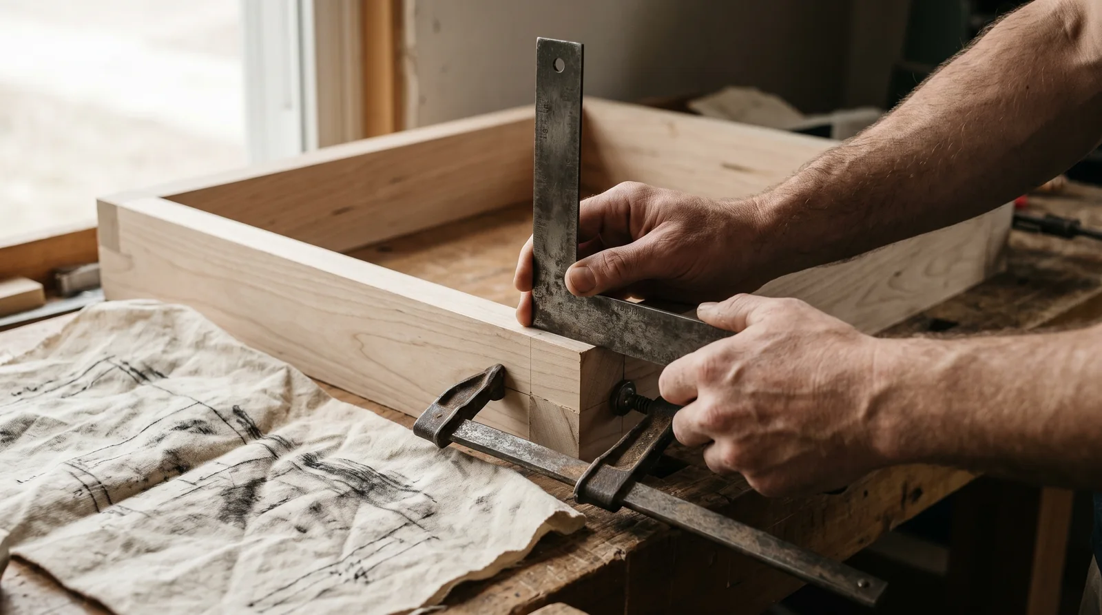 Hands checking a booth frame corner with a try square beside the shop drawing