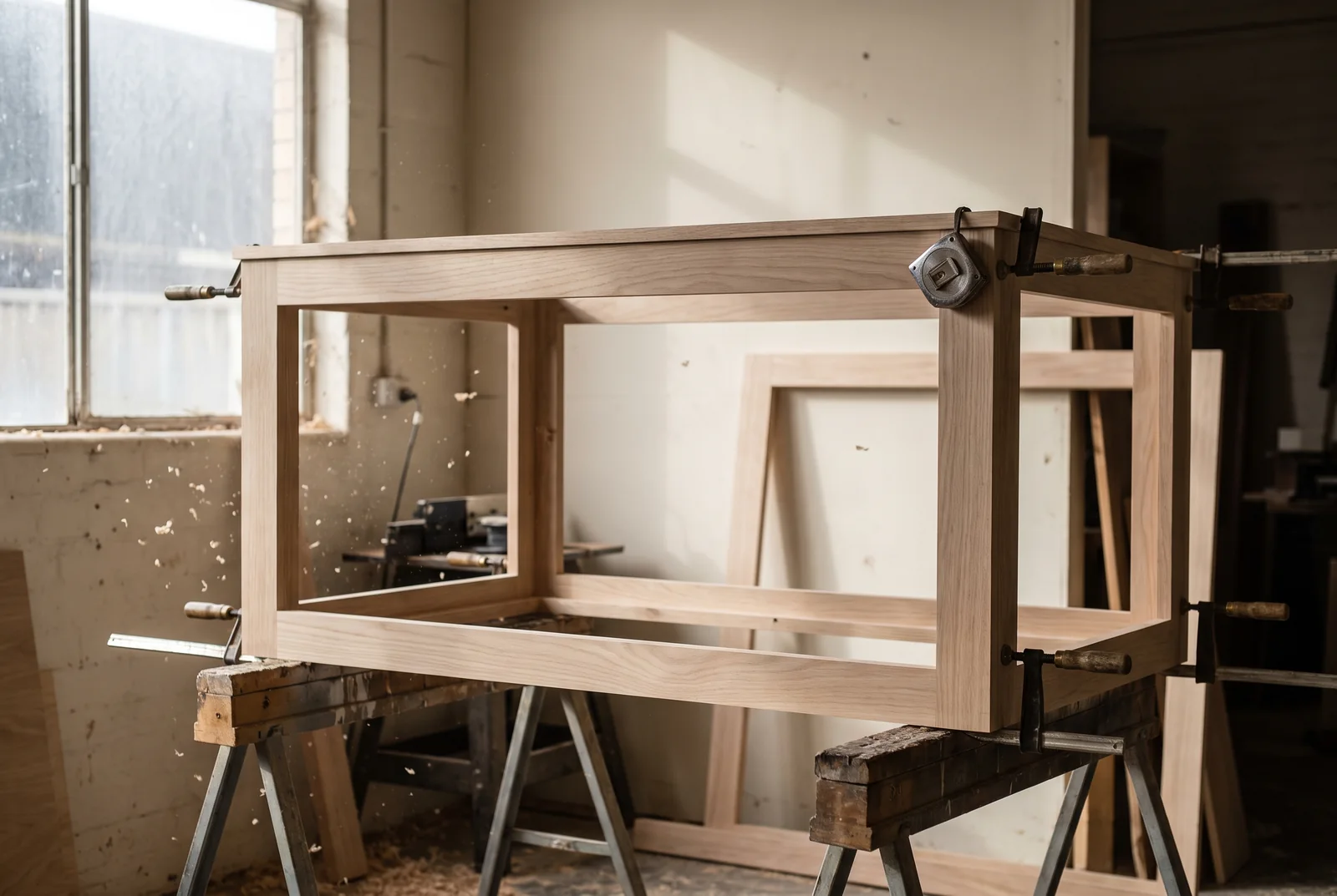 A hardwood booth frame clamped on sawhorses in the workshop