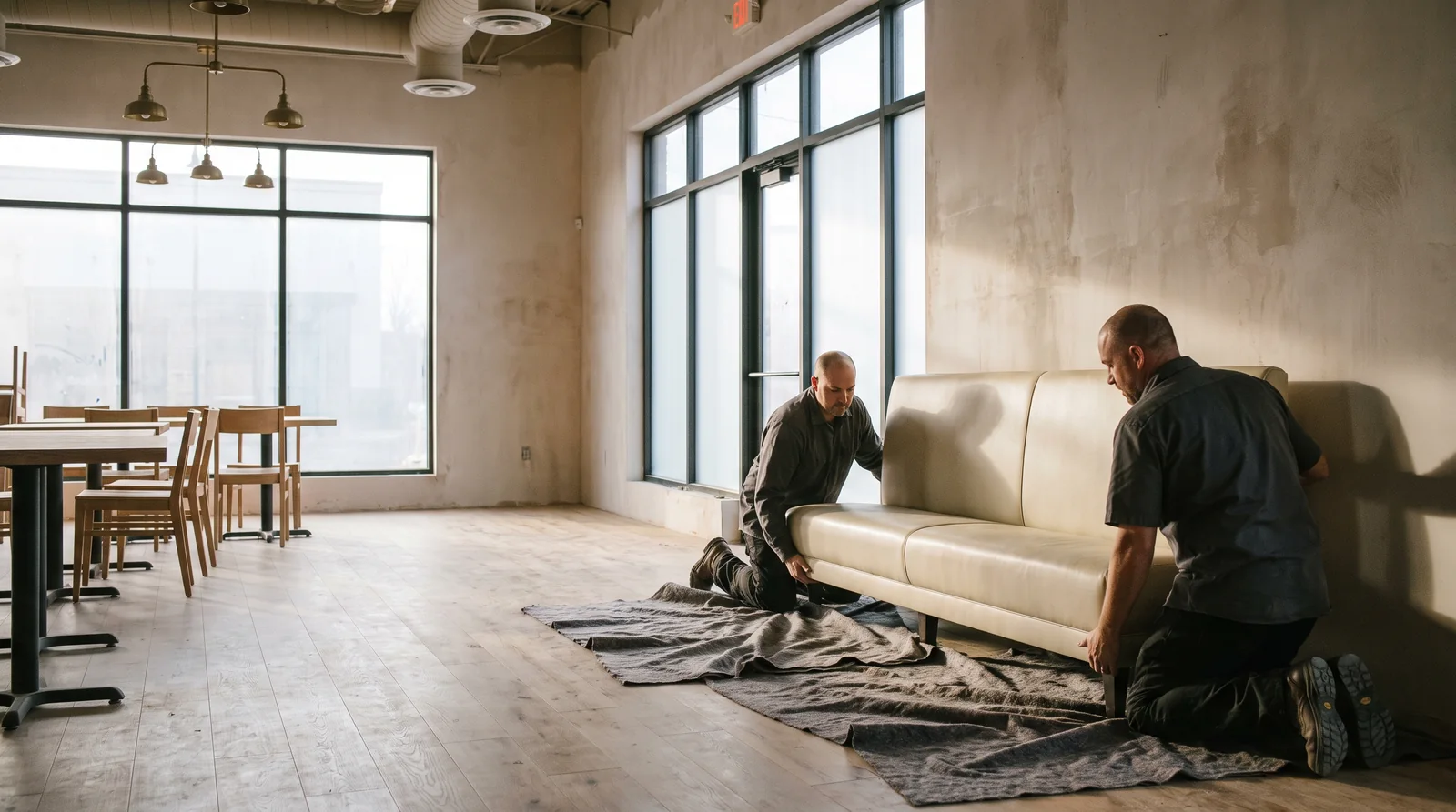 Two installers setting a banquette in an empty new restaurant