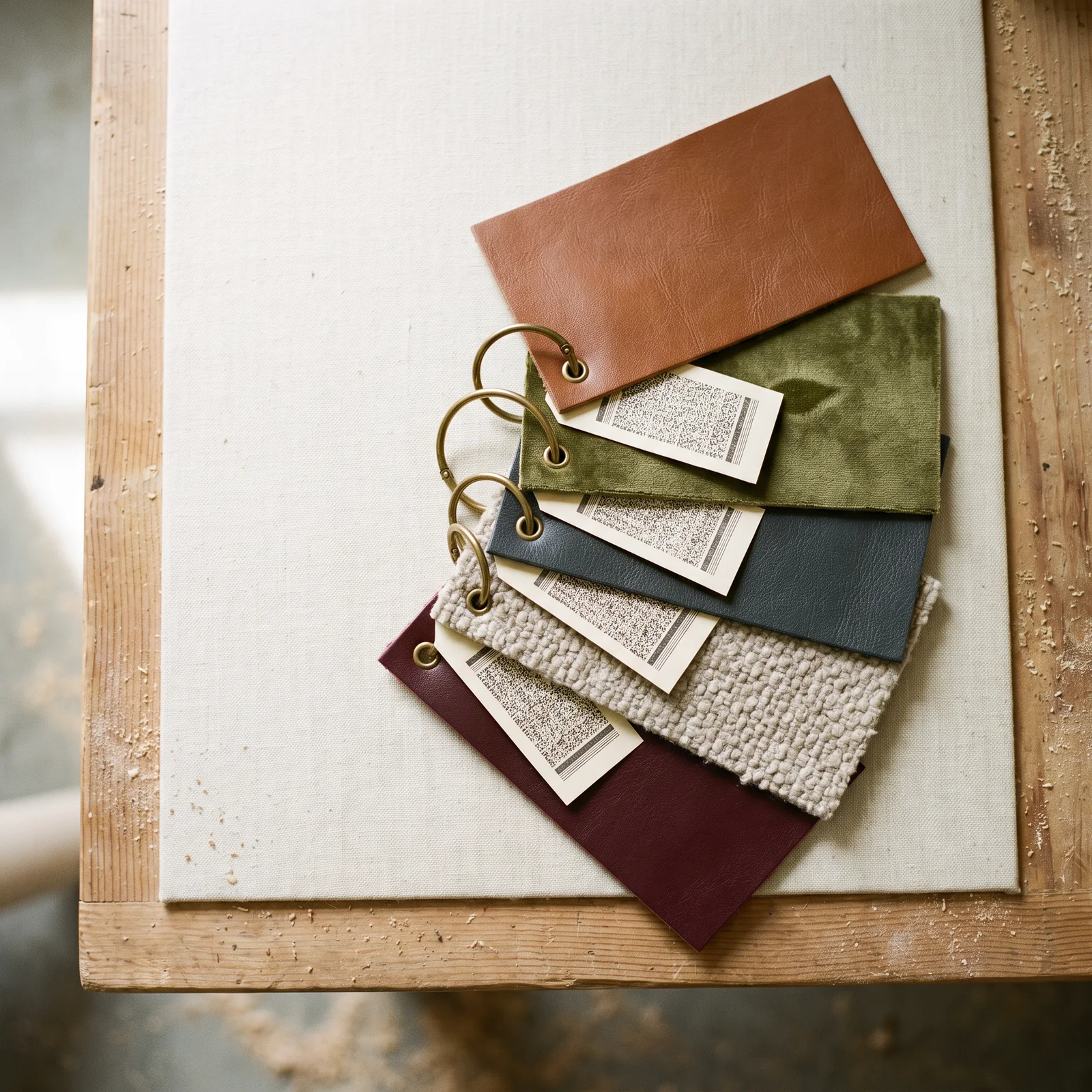 A ring of upholstery swatches on the bench