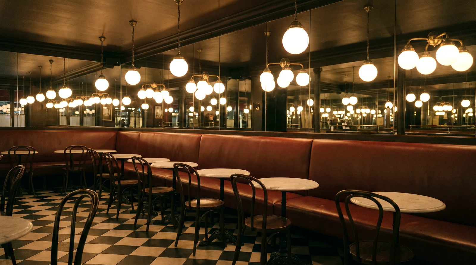 An oxblood leather banquette along a mirrored wall in a brasserie with globe pendants