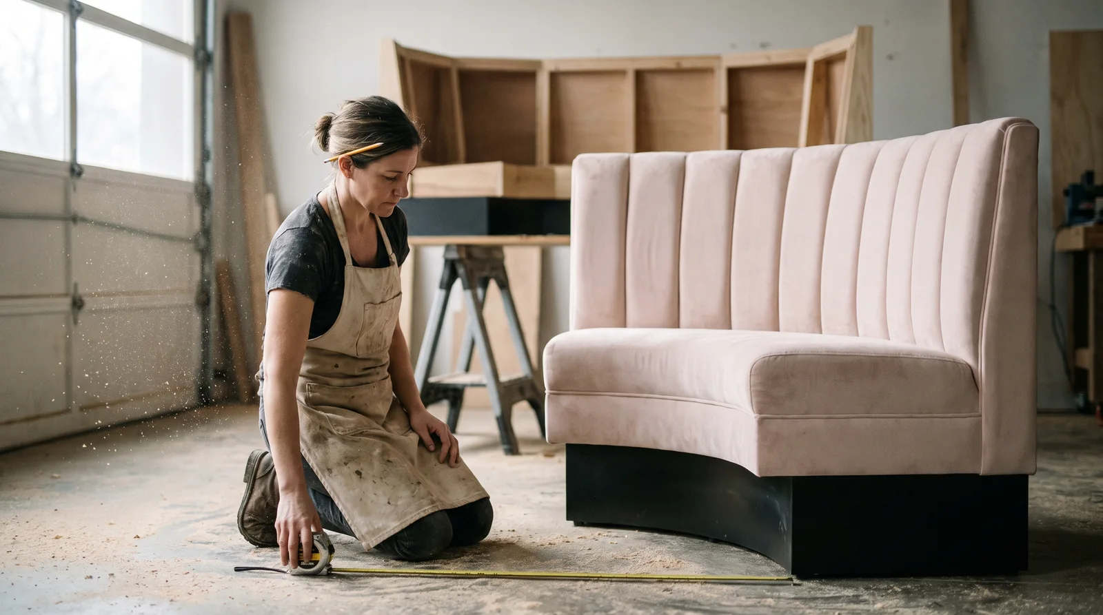 An upholsterer checking a finished blush velvet banquette with a tape measure on the workshop floor