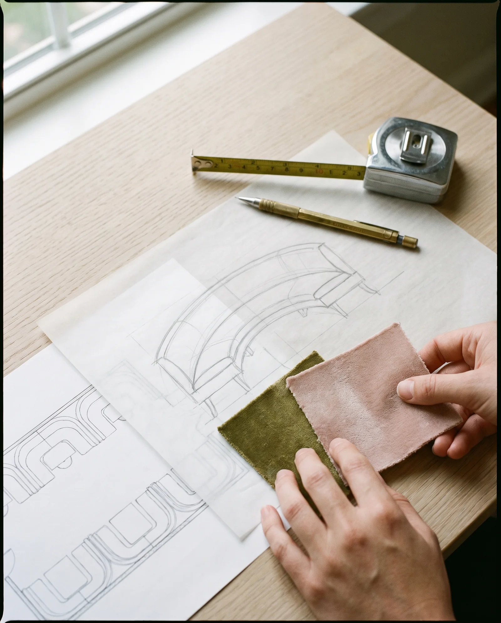 A designer holding two velvet swatches against a banquette sketch over a restaurant plan