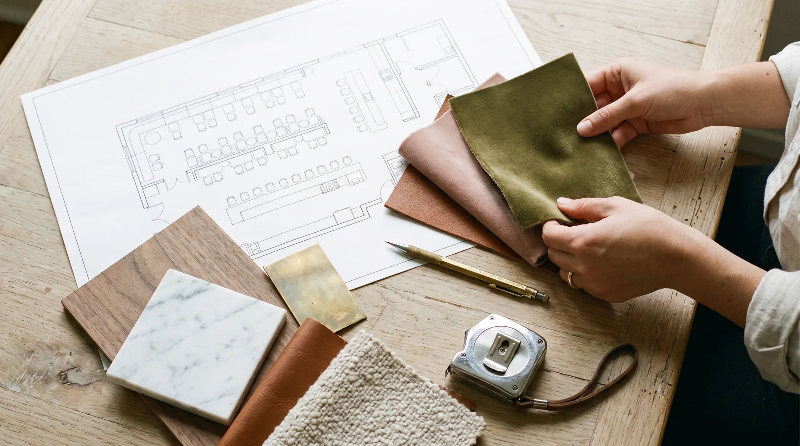 A finish schedule on an oak table: floor plan, velvet and leather swatches, a marble chip and a brass sample